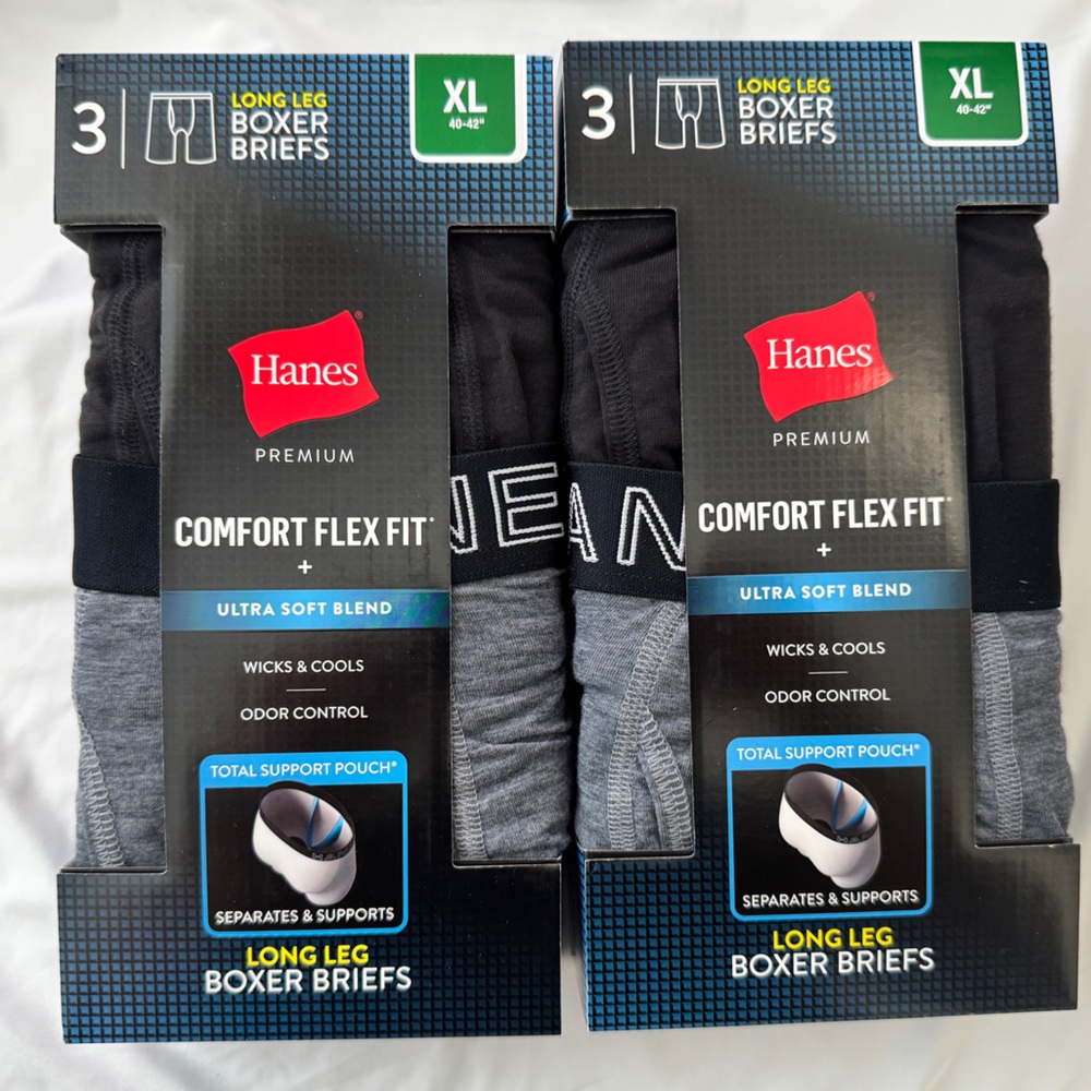 2x-3Pack - Hanes Men's Black and Gray Long Leg Boxer Briefs = 6 Total Size: XL